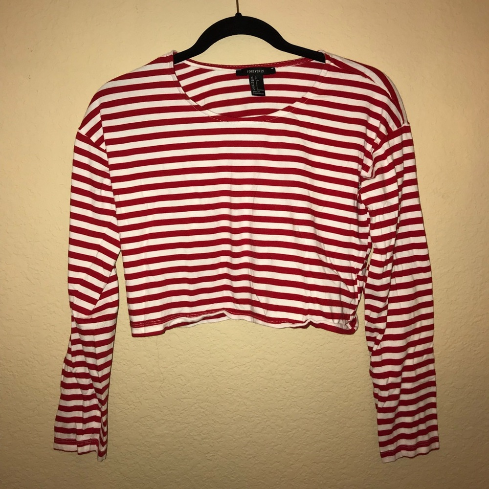 Forever 21 Red and White Cropped Striped T-shirt